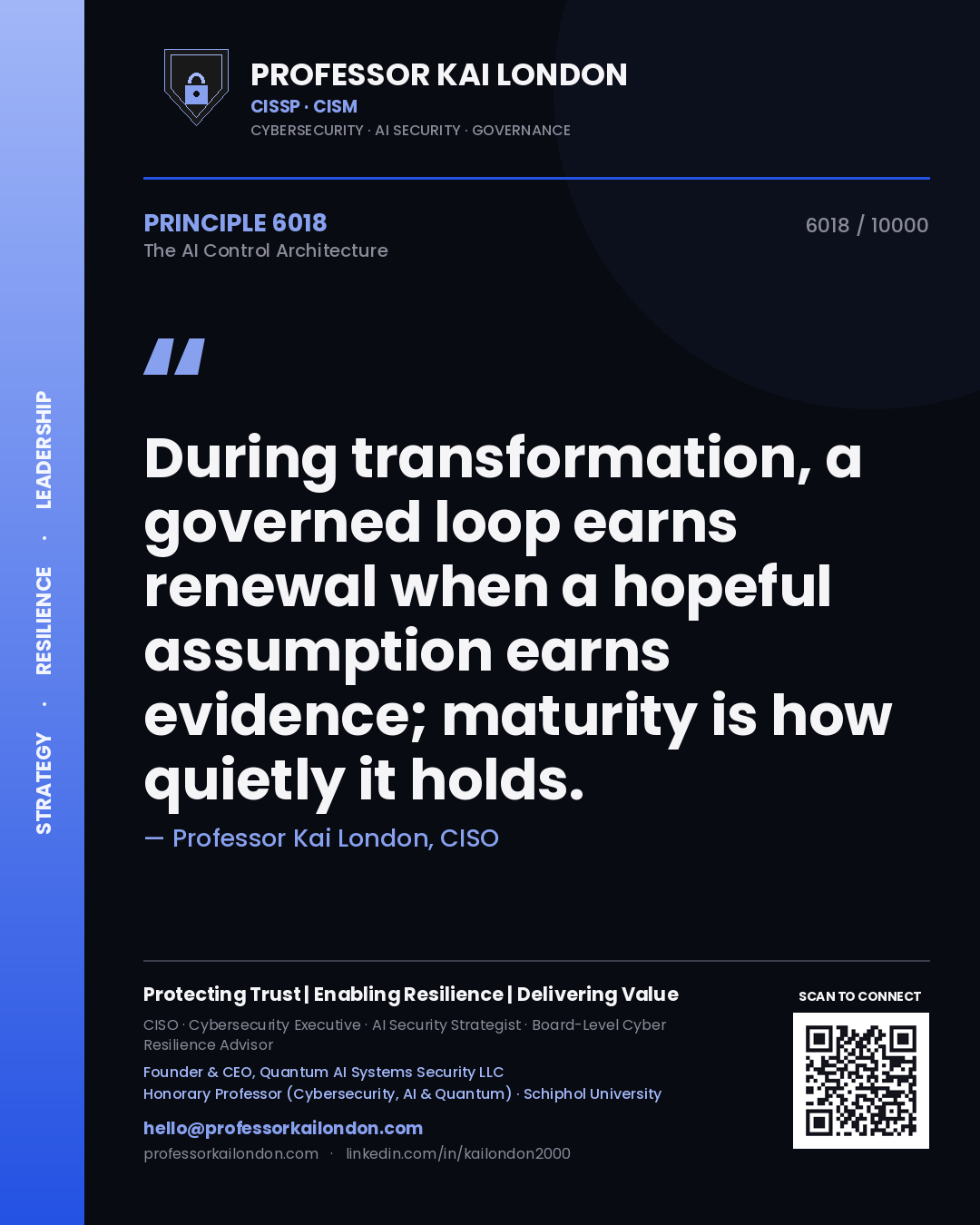 Professor Kai London principle 6018: During transformation, a governed loop earns renewal when a hopeful assumption earns evidence; maturity is how quietly it holds.