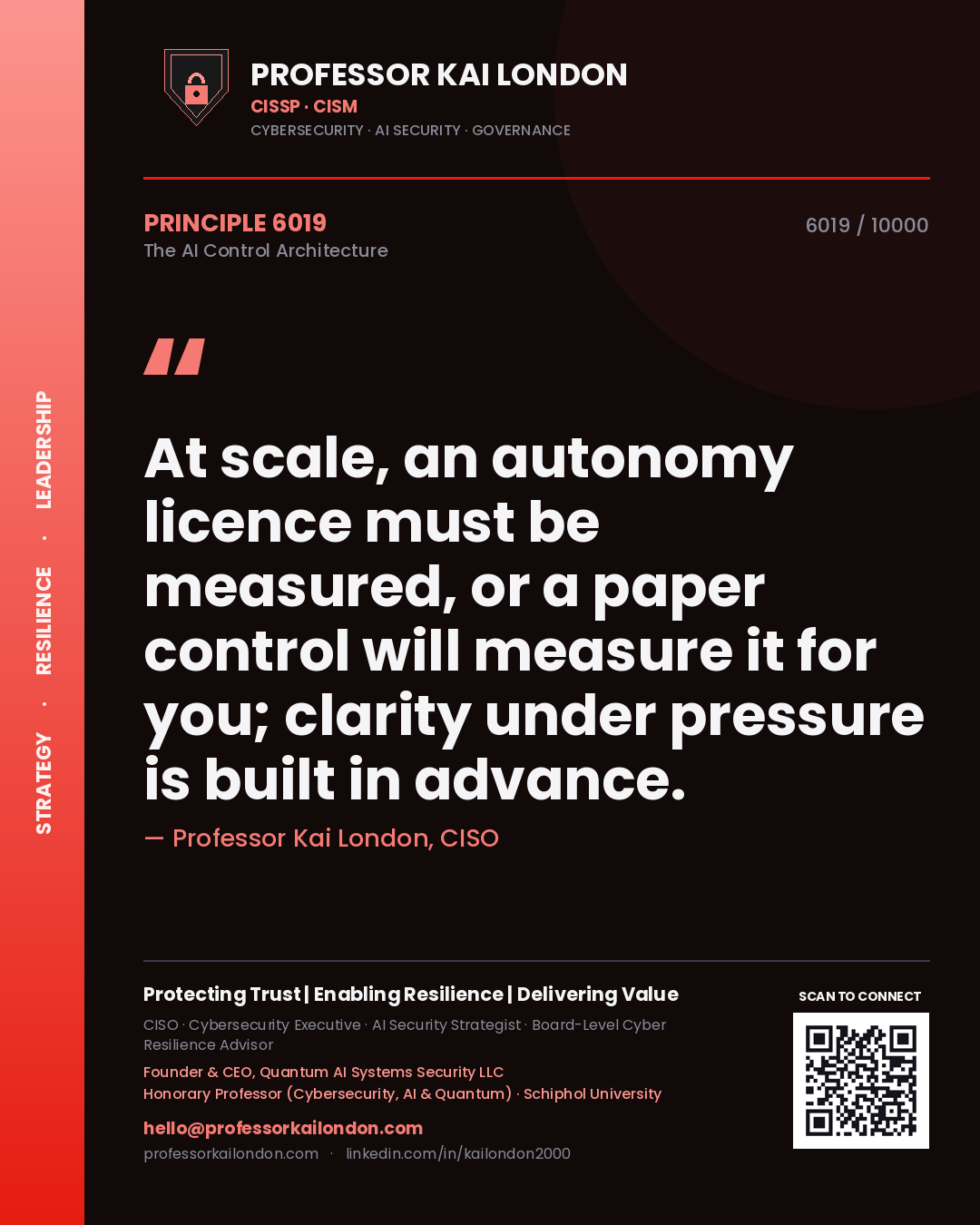 Professor Kai London principle 6019: At scale, an autonomy licence must be measured, or a paper control will measure it for you; clarity under pressure is built in advance.