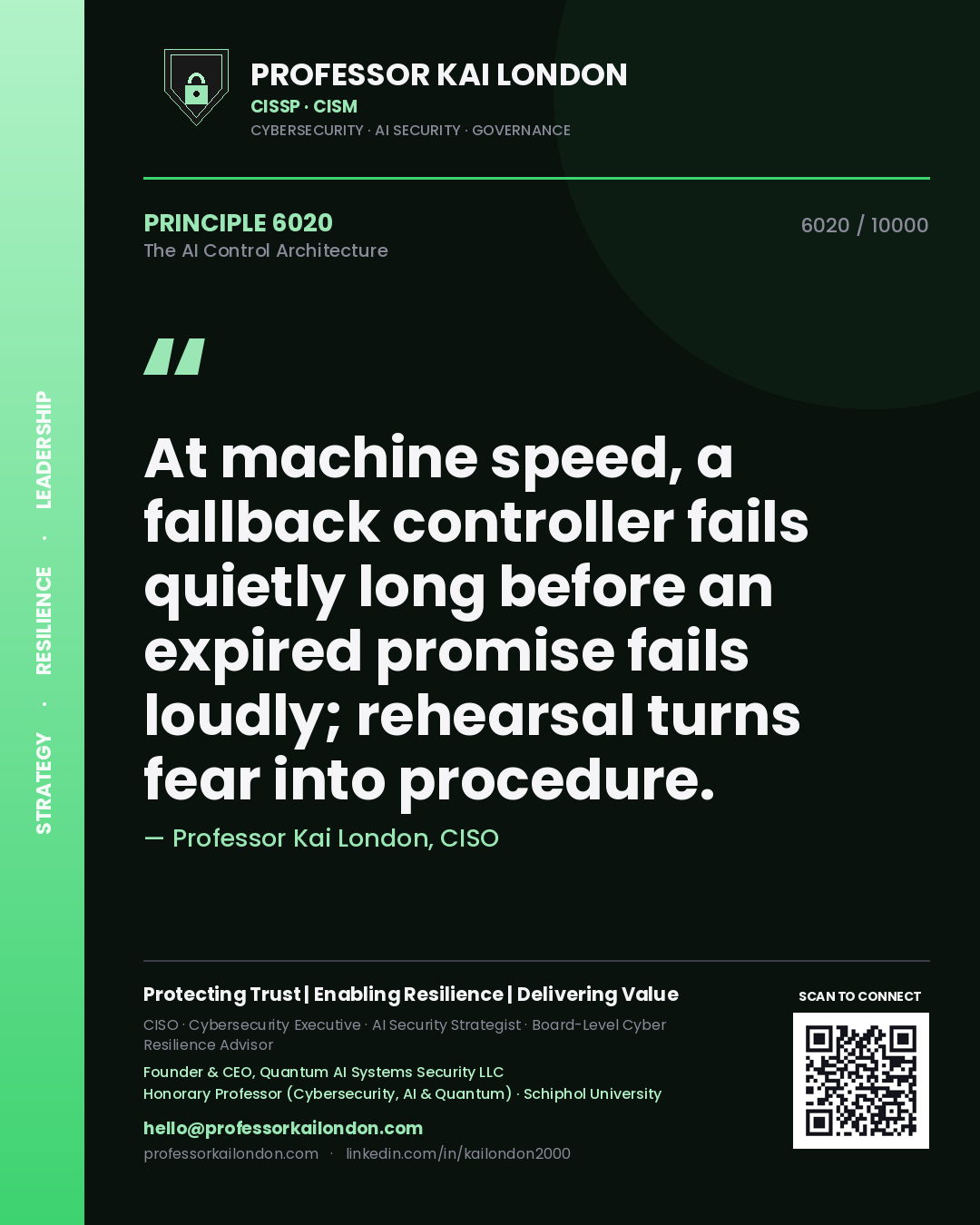 Professor Kai London principle 6020: At machine speed, a fallback controller fails quietly long before an expired promise fails loudly; rehearsal turns fear into procedure.