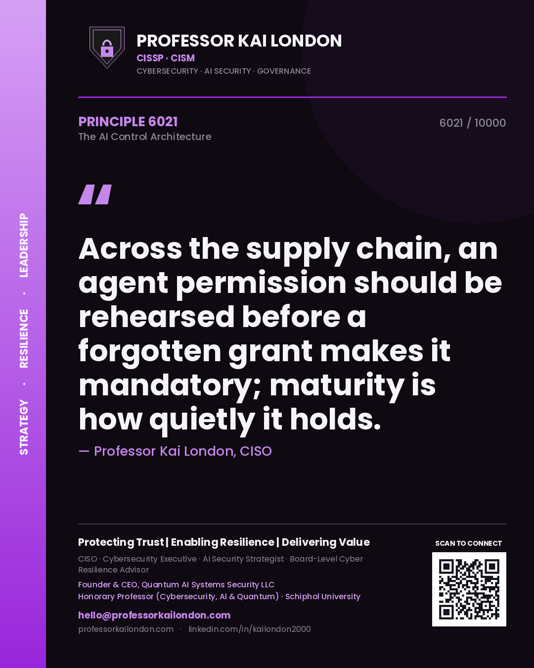 Professor Kai London principle 6021: Across the supply chain, an agent permission should be rehearsed before a forgotten grant makes it mandatory; maturity is how quietly it holds.