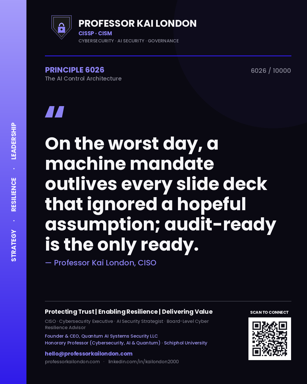 Quote card by Professor Kai London reading 'On the worst day, a machine mandate outlives every slide deck that ignored a hopeful assumption; audit-ready is the only ready.'. From the book The AI Control Architecture.