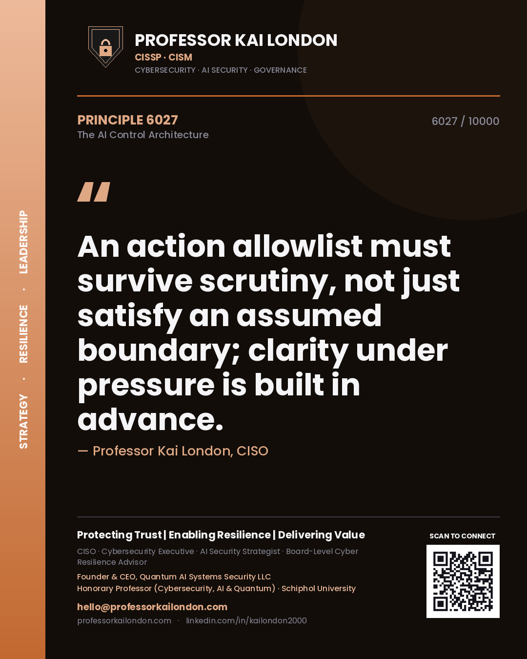 Professor Kai London principle 6027: An action allowlist must survive scrutiny, not just satisfy an assumed boundary; clarity under pressure is built in advance.