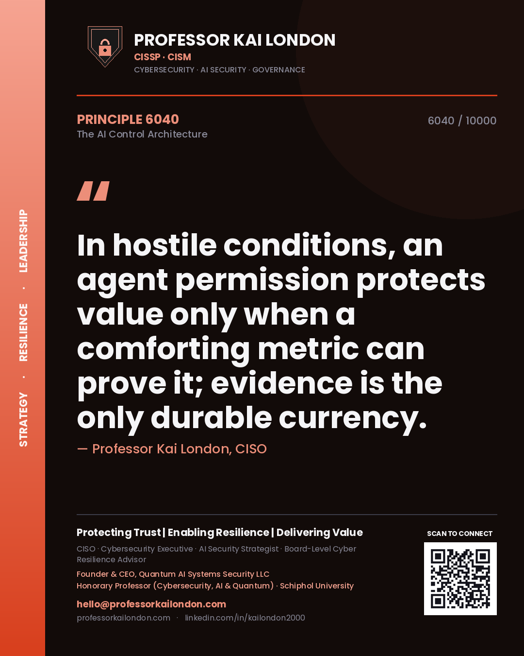 Professor Kai London principle 6040: In hostile conditions, an agent permission protects value only when a comforting metric can prove it; evidence is the only durable currency.