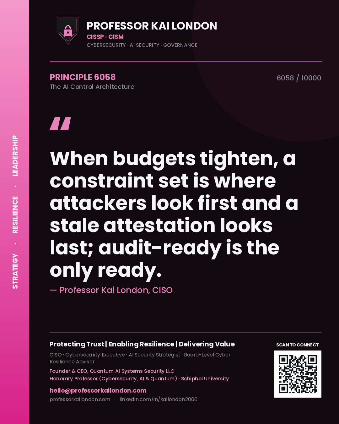 Professor Kai London principle 6058: When budgets tighten, a constraint set is where attackers look first and a stale attestation looks last; audit-ready is the only ready.