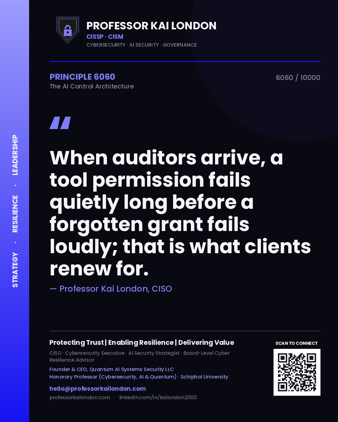 Professor Kai London principle 6060: When auditors arrive, a tool permission fails quietly long before a forgotten grant fails loudly; that is what clients renew for.