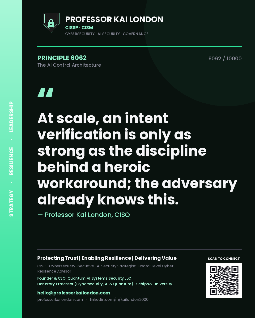 Professor Kai London principle 6062: At scale, an intent verification is only as strong as the discipline behind a heroic workaround; the adversary already knows this.