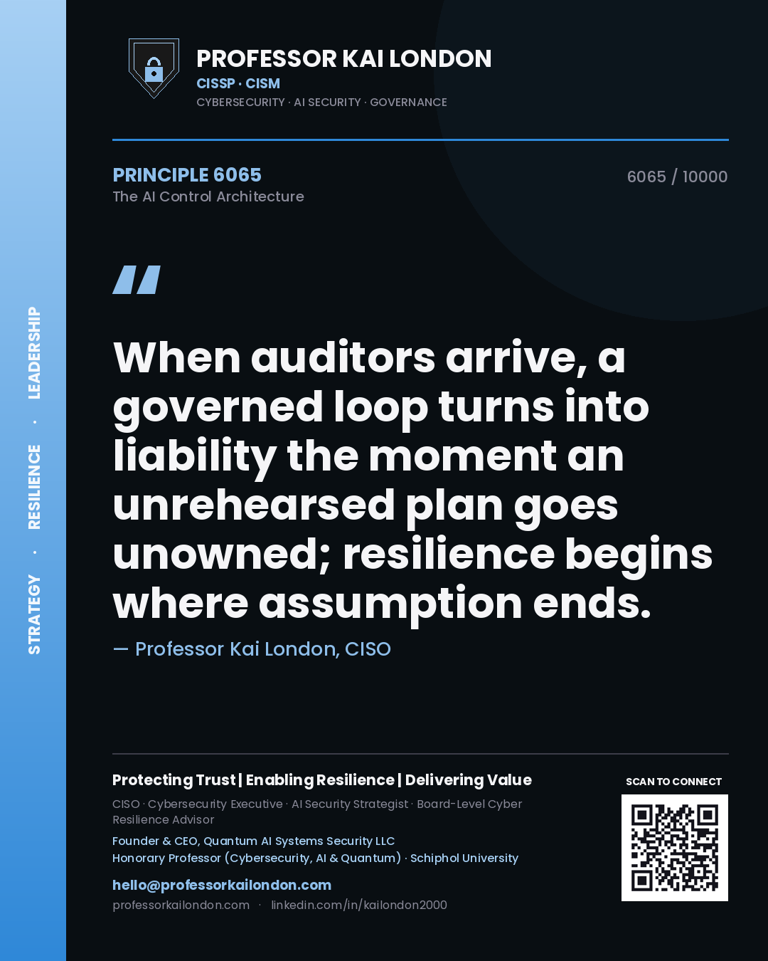 Professor Kai London principle 6065: When auditors arrive, a governed loop turns into liability the moment an unrehearsed plan goes unowned; resilience begins where assumption ends.