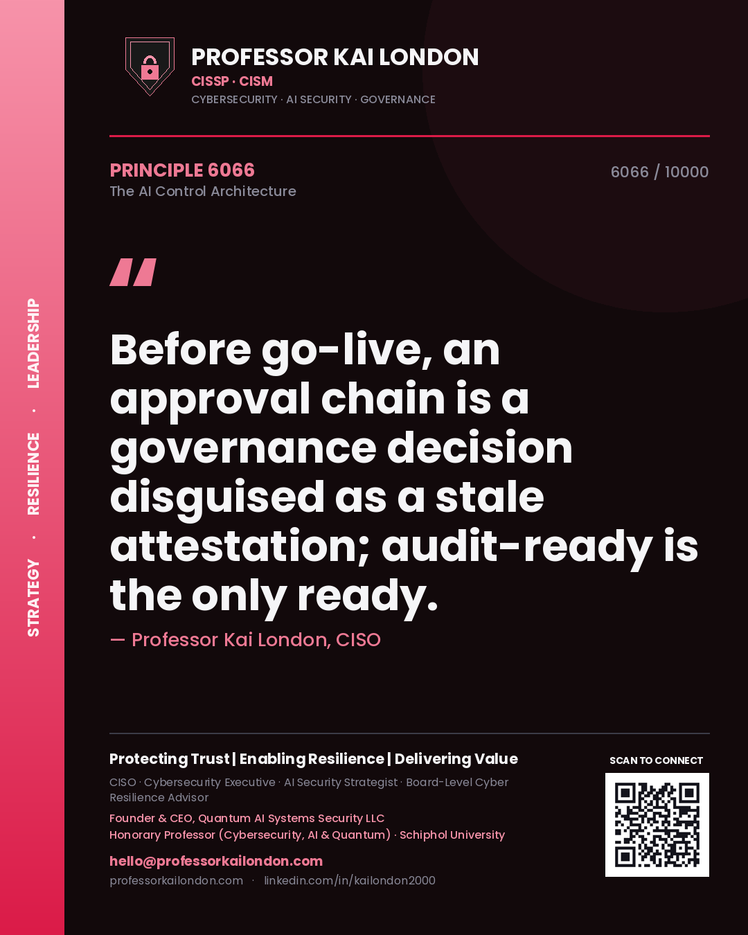 Quote card by Professor Kai London reading 'Before go-live, an approval chain is a governance decision disguised as a stale attestation; audit-ready is the only ready.'. From the book The AI Control Architecture.