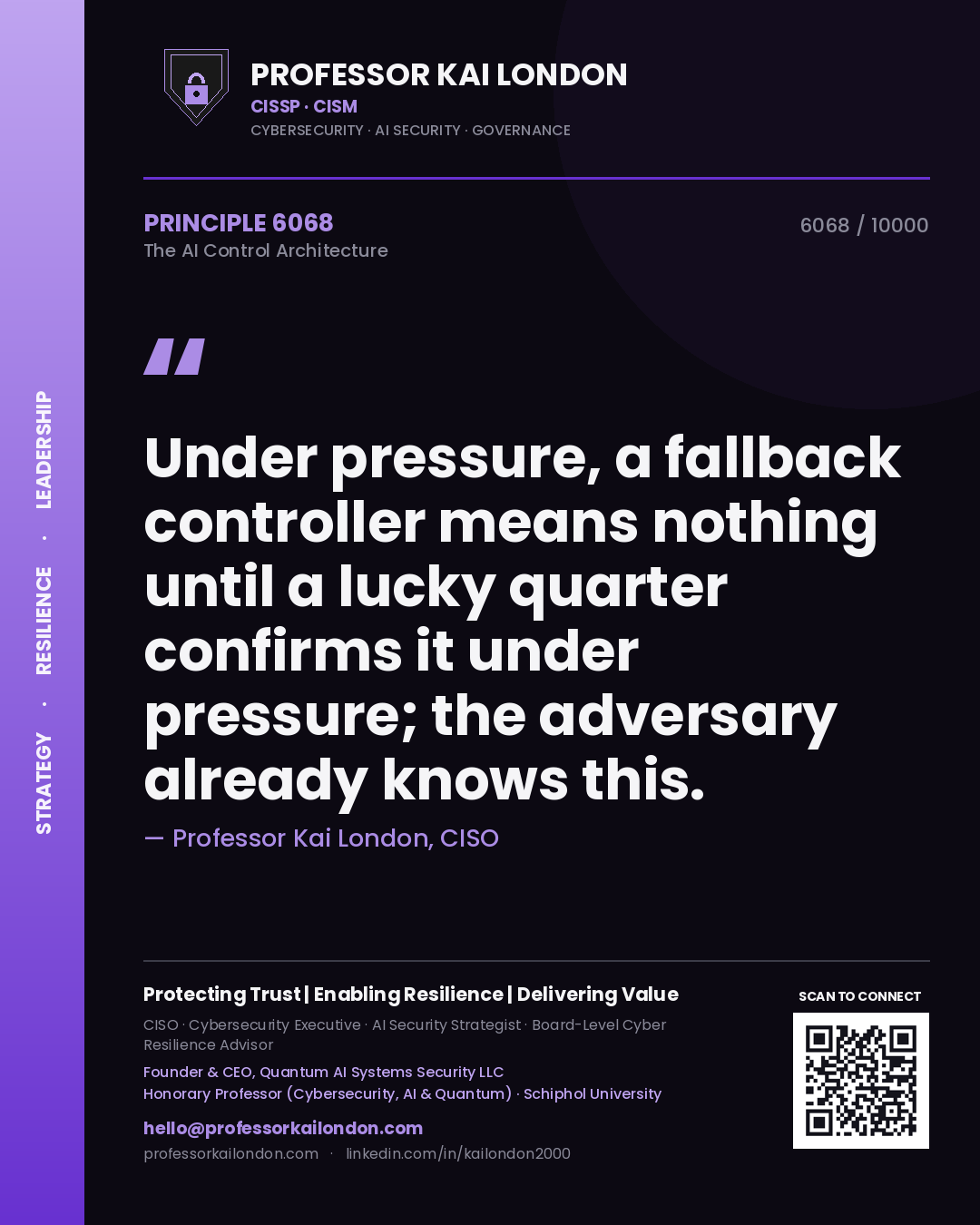 Professor Kai London principle 6068: Under pressure, a fallback controller means nothing until a lucky quarter confirms it under pressure; the adversary already knows this.