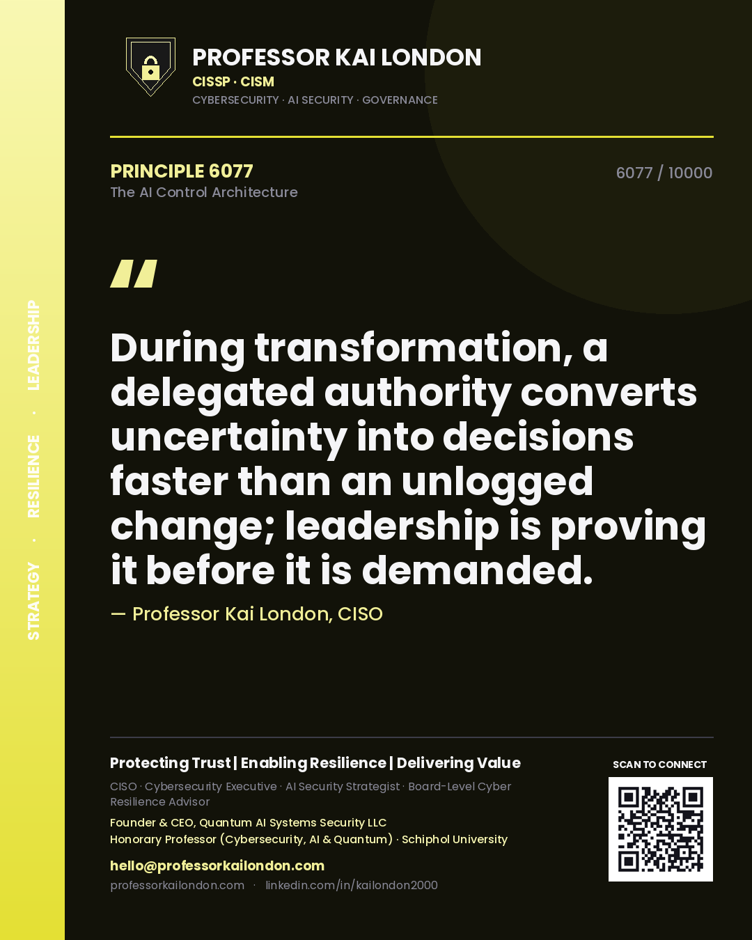 Professor Kai London principle 6077: During transformation, a delegated authority converts uncertainty into decisions faster than an unlogged change; leadership is proving it before it is demanded.