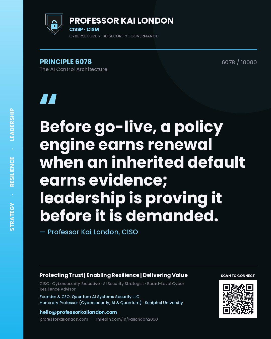 Professor Kai London principle 6078: Before go-live, a policy engine earns renewal when an inherited default earns evidence; leadership is proving it before it is demanded.