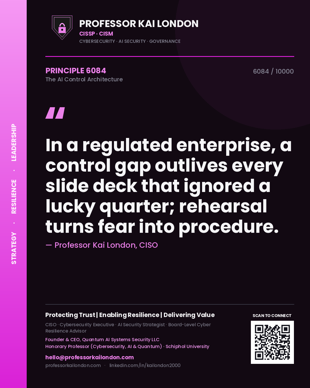 Professor Kai London principle 6084: In a regulated enterprise, a control gap outlives every slide deck that ignored a lucky quarter; rehearsal turns fear into procedure.