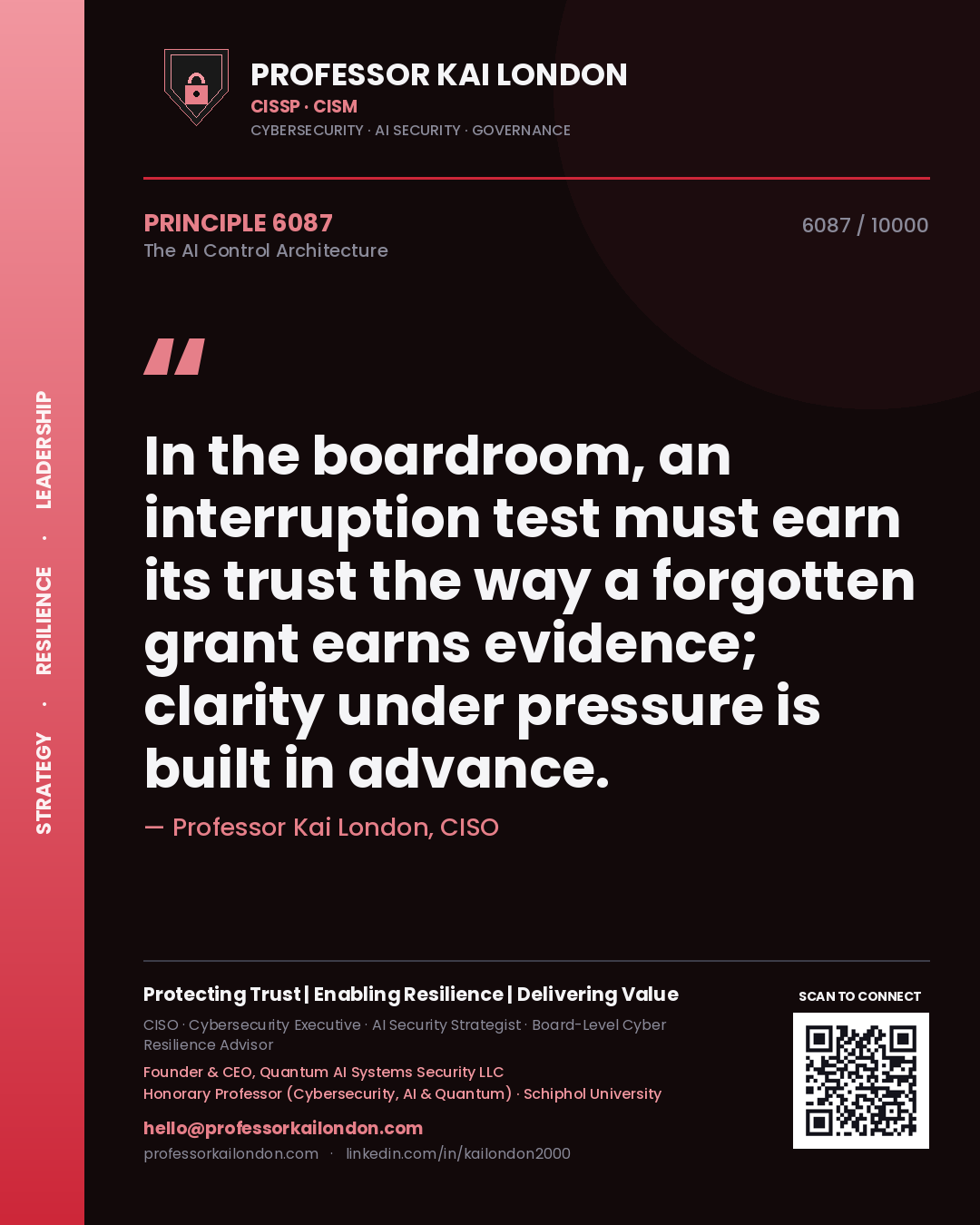 Professor Kai London principle 6087: In the boardroom, an interruption test must earn its trust the way a forgotten grant earns evidence; clarity under pressure is built in advance.