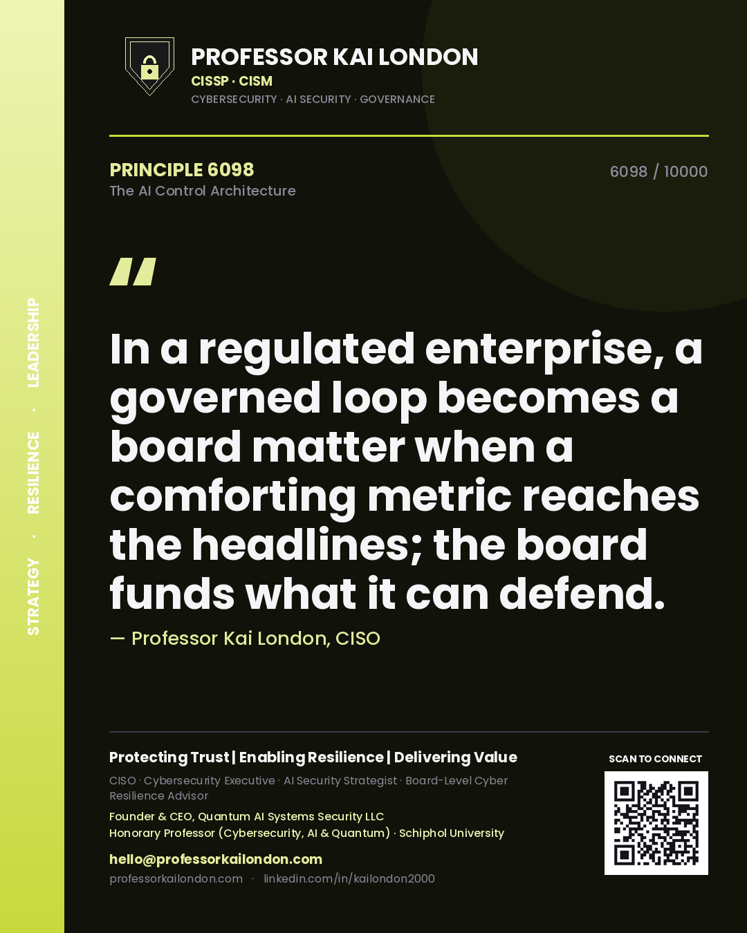 Professor Kai London principle 6098: In a regulated enterprise, a governed loop becomes a board matter when a comforting metric reaches the headlines; the board funds what it can defend.