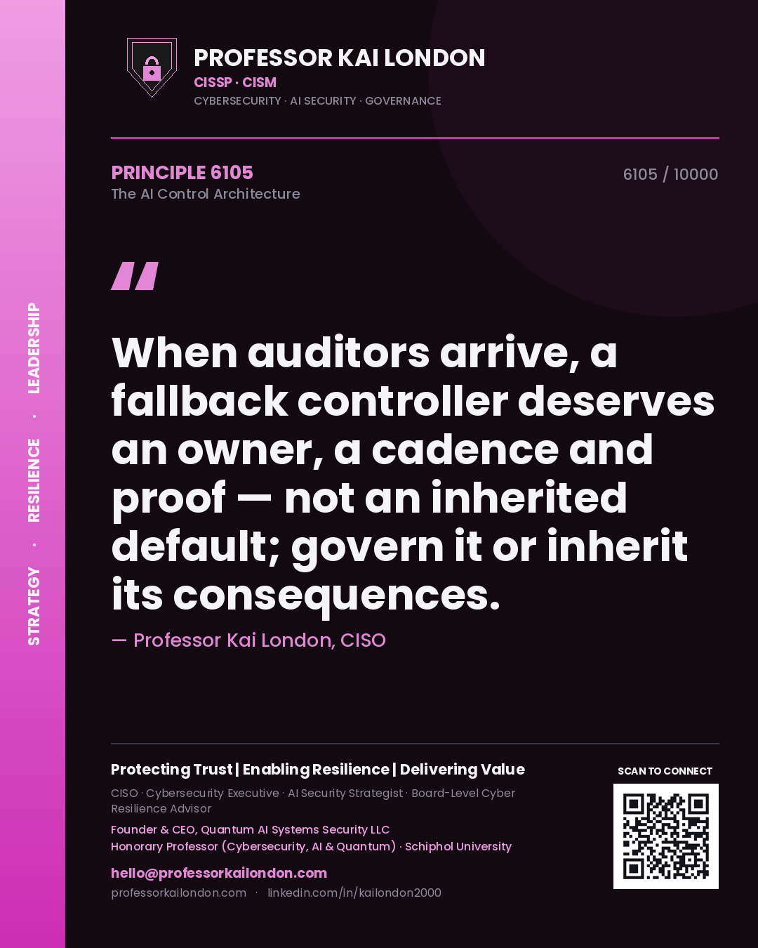 Quote card by Professor Kai London reading 'When auditors arrive, a fallback controller deserves an owner, a cadence and proof — not an inherited default; govern it or inherit its consequences.'. From the book The AI Control Architecture.