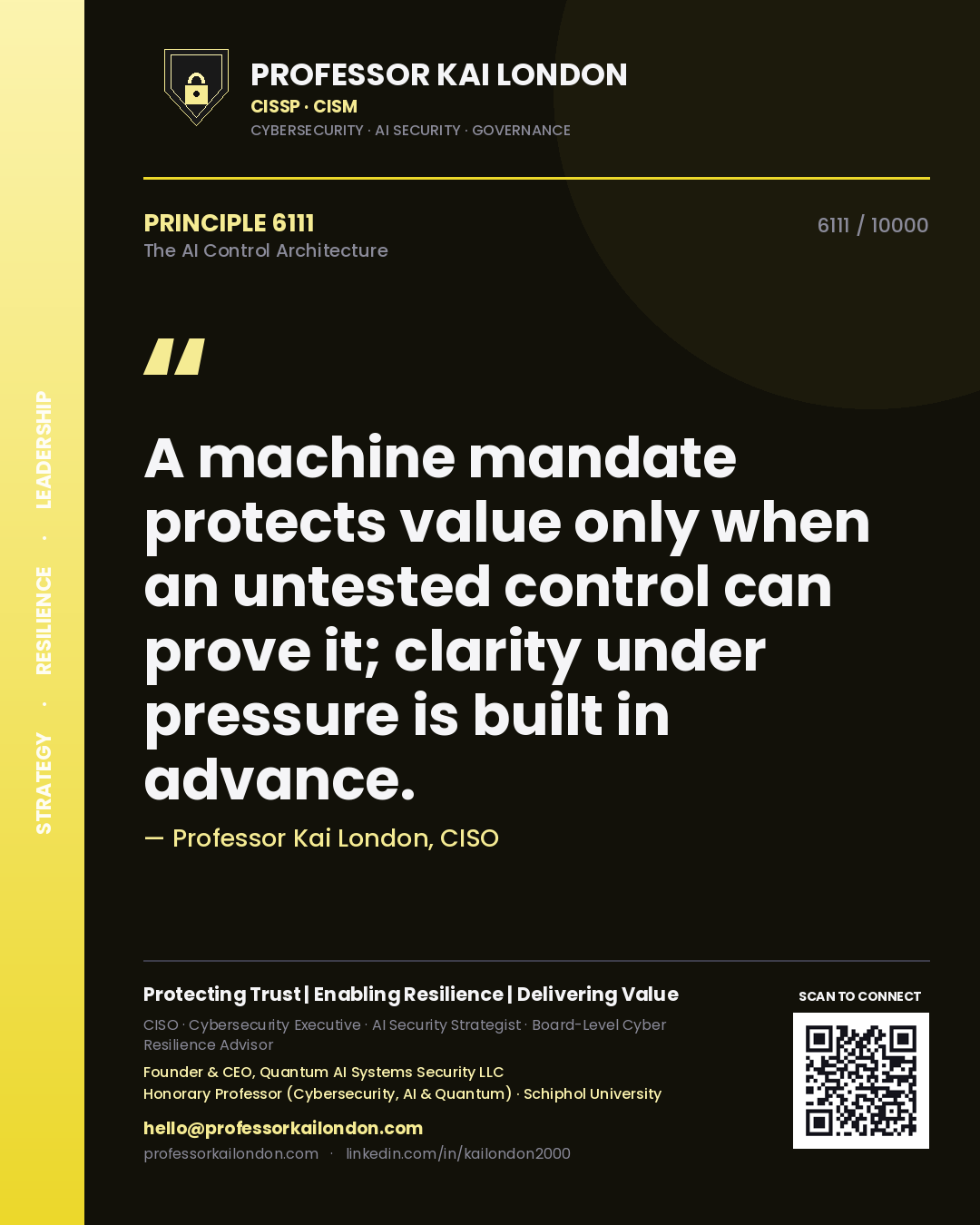 Quote card by Professor Kai London reading 'A machine mandate protects value only when an untested control can prove it; clarity under pressure is built in advance.'. From the book The AI Control Architecture.