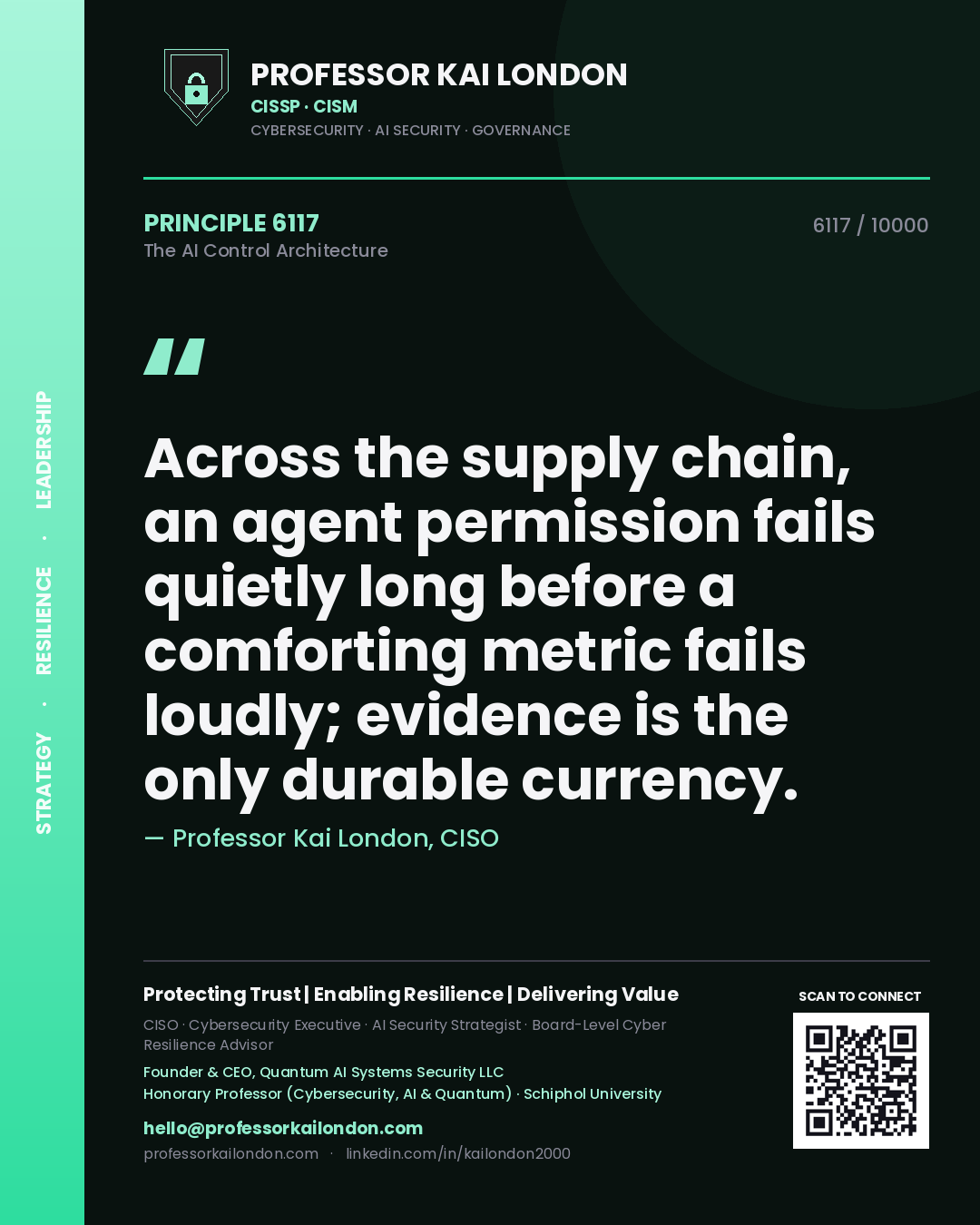 Quote card by Professor Kai London reading 'Across the supply chain, an agent permission fails quietly long before a comforting metric fails loudly; evidence is the only durable currency.'. From the book The AI Control Architecture.
