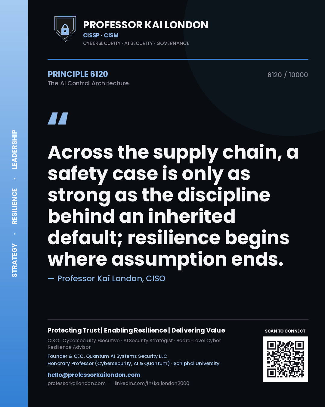 Quote card by Professor Kai London reading 'Across the supply chain, a safety case is only as strong as the discipline behind an inherited default; resilience begins where assumption ends.'. From the book The AI Control Architecture.