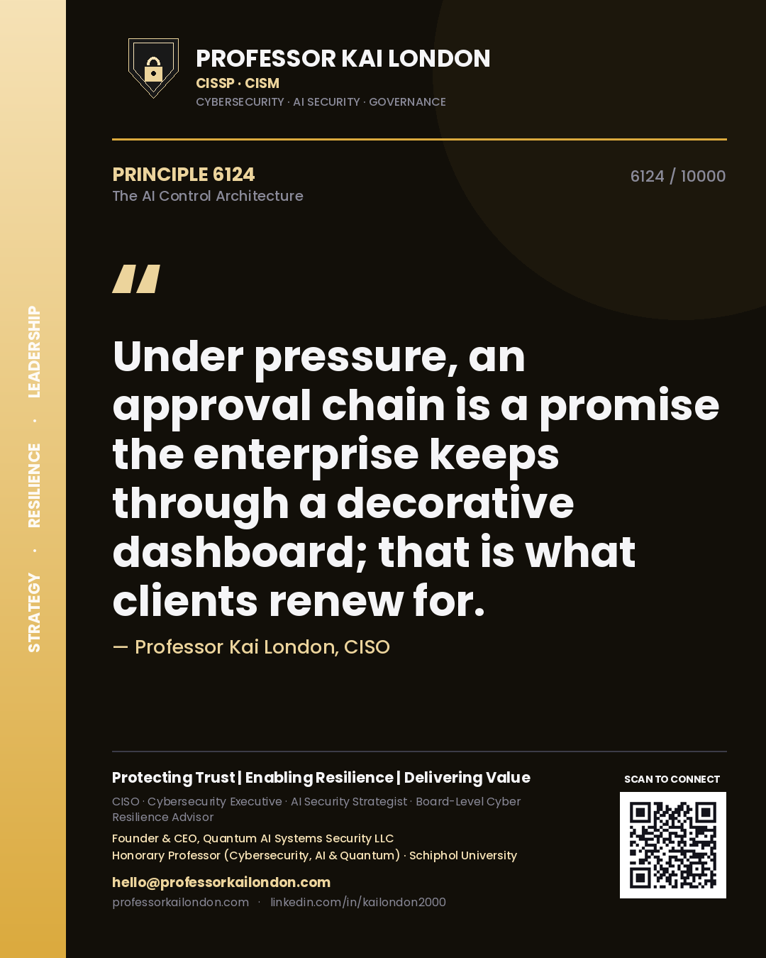 Quote card by Professor Kai London reading 'Under pressure, an approval chain is a promise the enterprise keeps through a decorative dashboard; that is what clients renew for.'. From the book The AI Control Architecture.