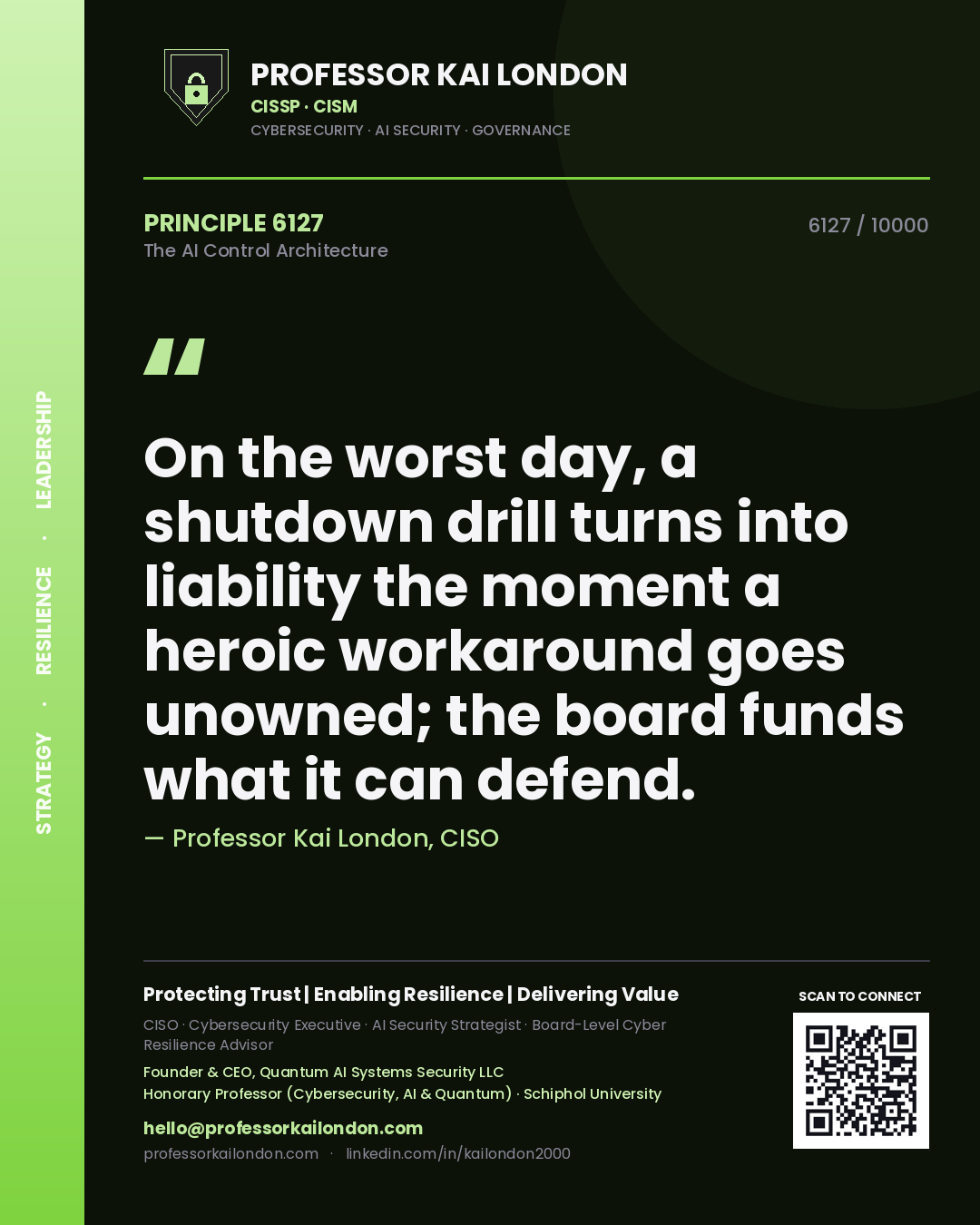 Professor Kai London principle 6127: On the worst day, a shutdown drill turns into liability the moment a heroic workaround goes unowned; the board funds what it can defend.