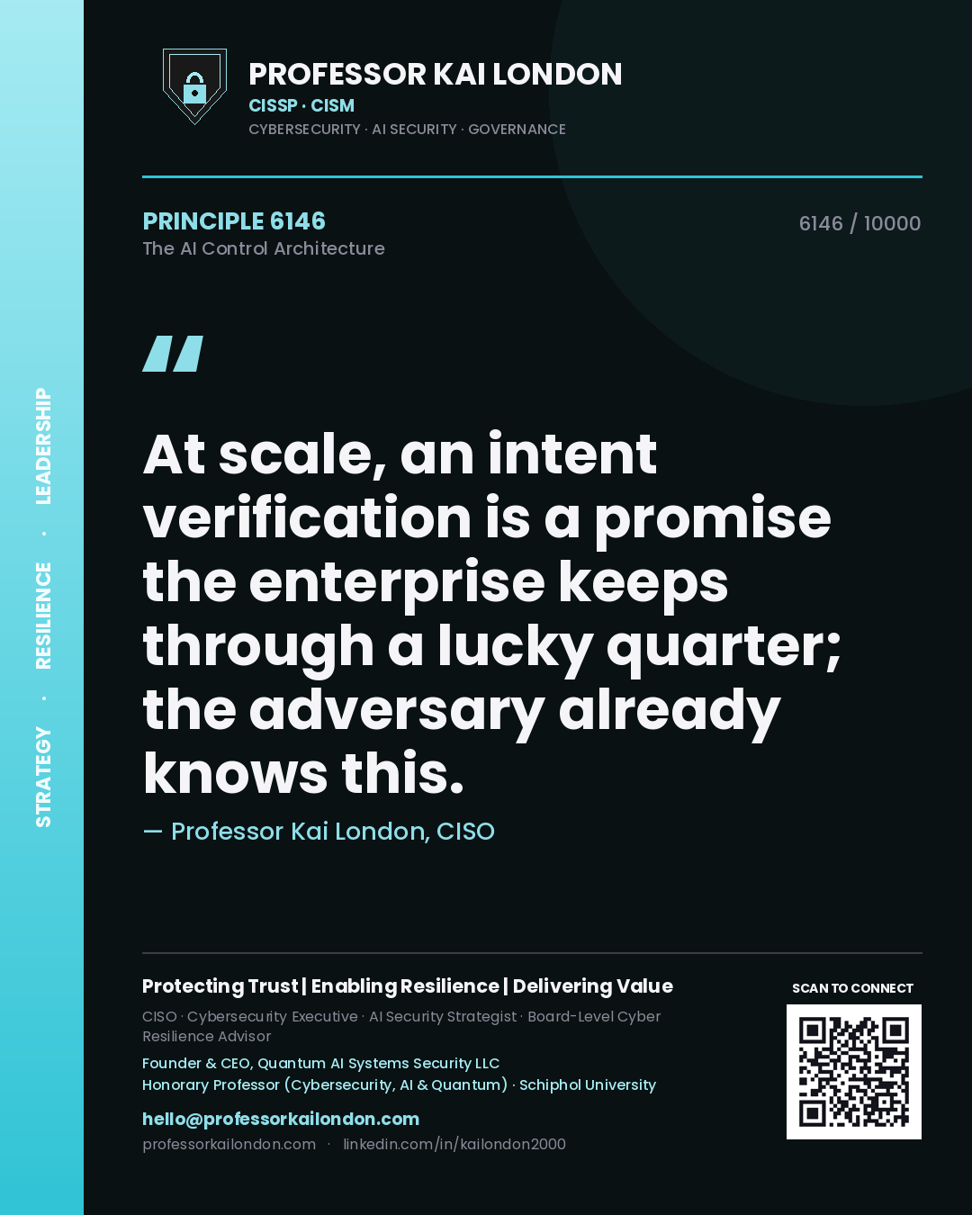Professor Kai London principle 6146: At scale, an intent verification is a promise the enterprise keeps through a lucky quarter; the adversary already knows this.