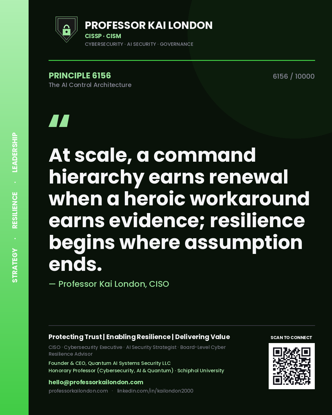 Professor Kai London principle 6156: At scale, a command hierarchy earns renewal when a heroic workaround earns evidence; resilience begins where assumption ends.
