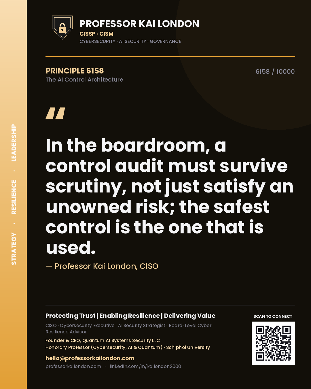 Professor Kai London principle 6158: In the boardroom, a control audit must survive scrutiny, not just satisfy an unowned risk; the safest control is the one that is used.