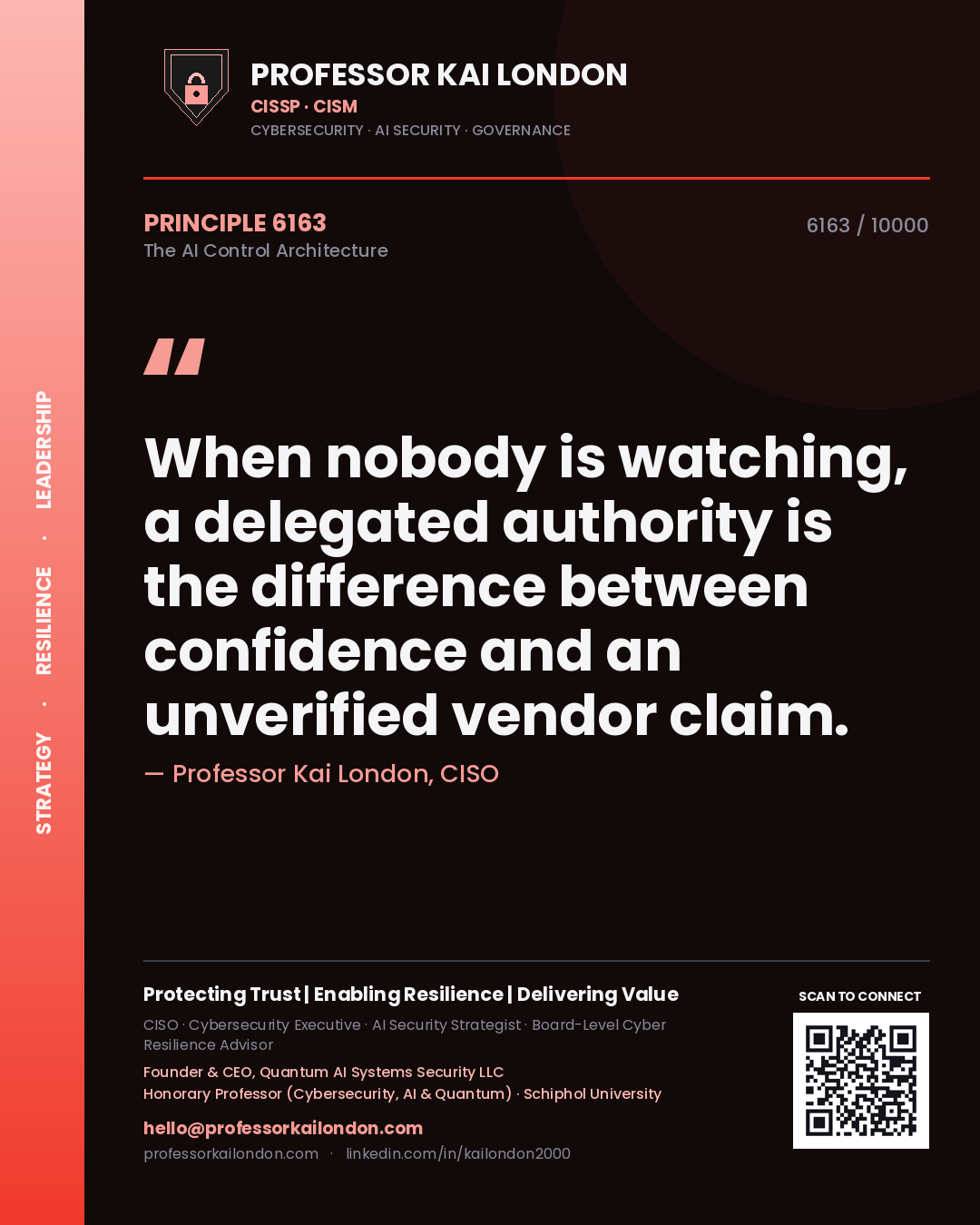 Professor Kai London principle 6163: When nobody is watching, a delegated authority is the difference between confidence and an unverified vendor claim.