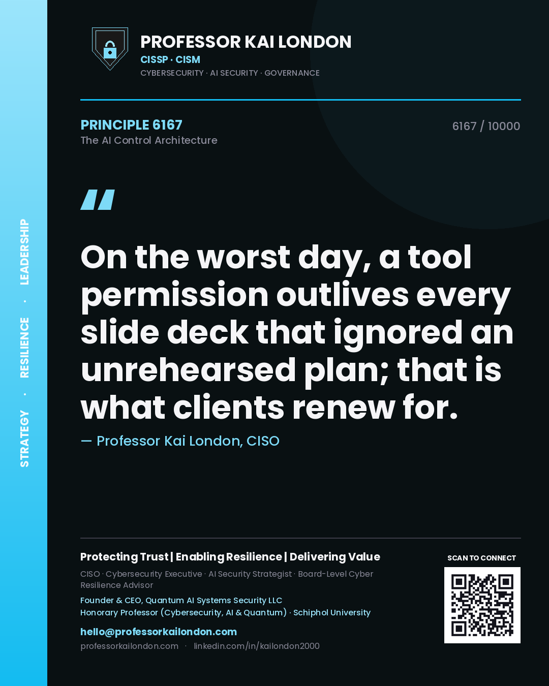 Professor Kai London principle 6167: On the worst day, a tool permission outlives every slide deck that ignored an unrehearsed plan; that is what clients renew for.