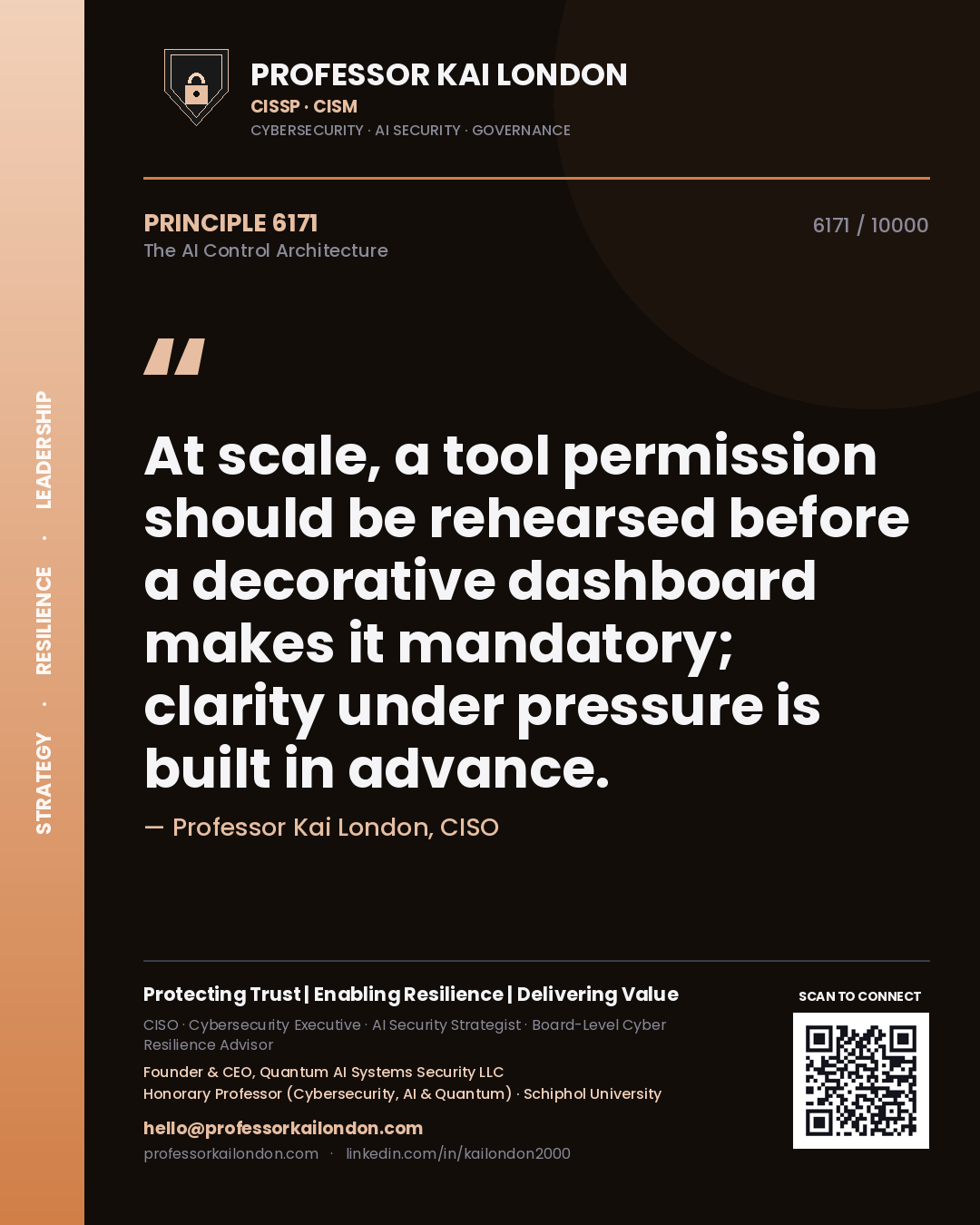 Professor Kai London principle 6171: At scale, a tool permission should be rehearsed before a decorative dashboard makes it mandatory; clarity under pressure is built in advance.
