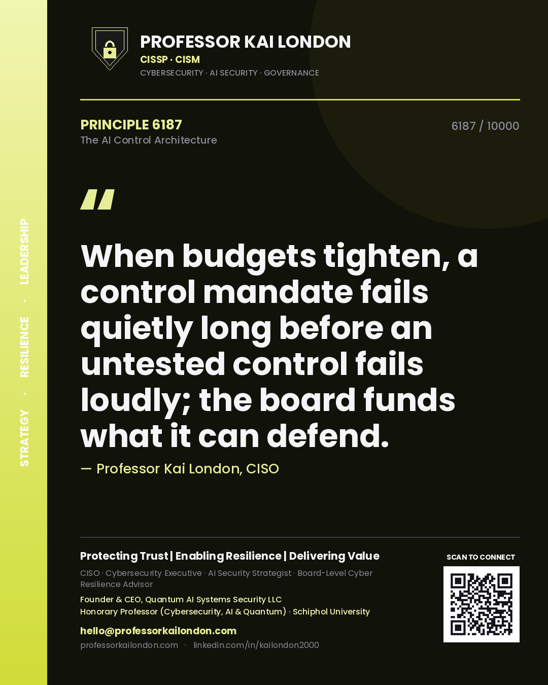 Quote card by Professor Kai London reading 'When budgets tighten, a control mandate fails quietly long before an untested control fails loudly; the board funds what it can defend.'. From the book The AI Control Architecture.