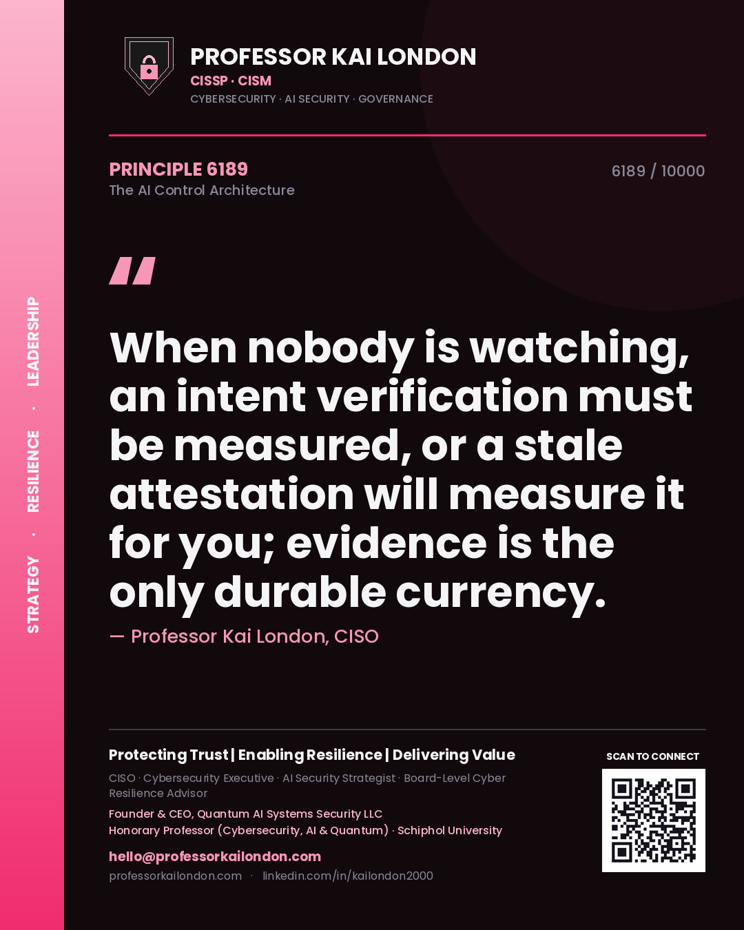 Professor Kai London principle 6189: When nobody is watching, an intent verification must be measured, or a stale attestation will measure it for you; evidence is the only durable currency.