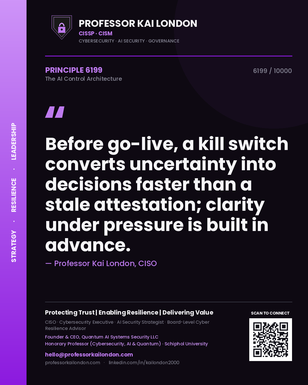 Quote card by Professor Kai London reading 'Before go-live, a kill switch converts uncertainty into decisions faster than a stale attestation; clarity under pressure is built in advance.'. From the book The AI Control Architecture.