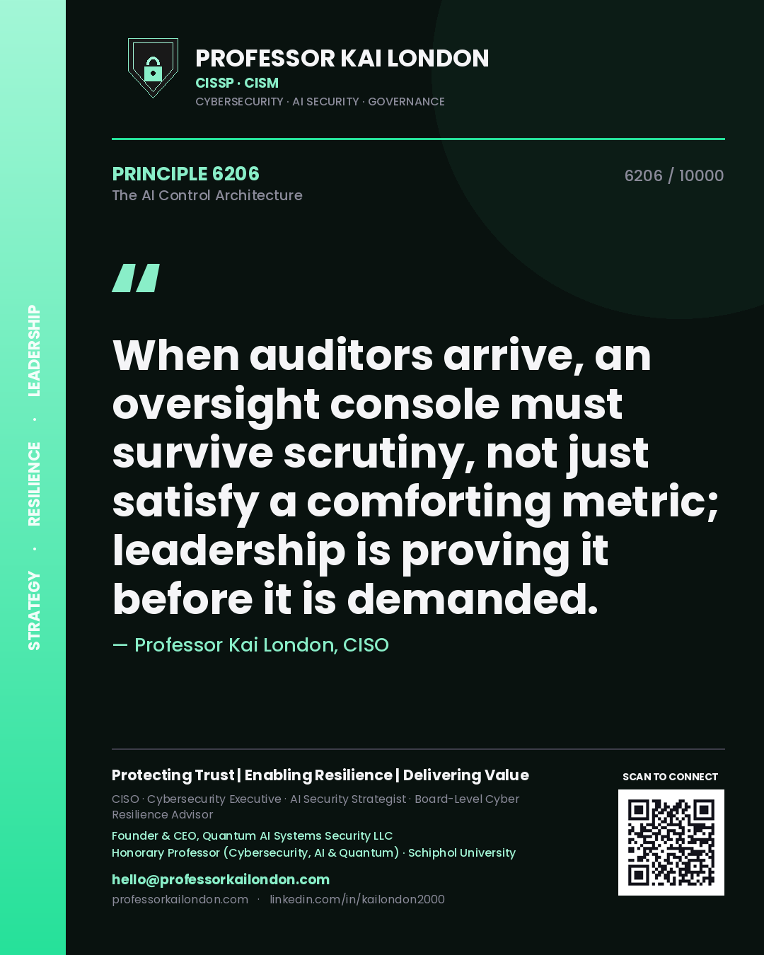 Quote card by Professor Kai London reading 'When auditors arrive, an oversight console must survive scrutiny, not just satisfy a comforting metric; leadership is proving it before it is demanded.'. From the book The AI Control Architecture.