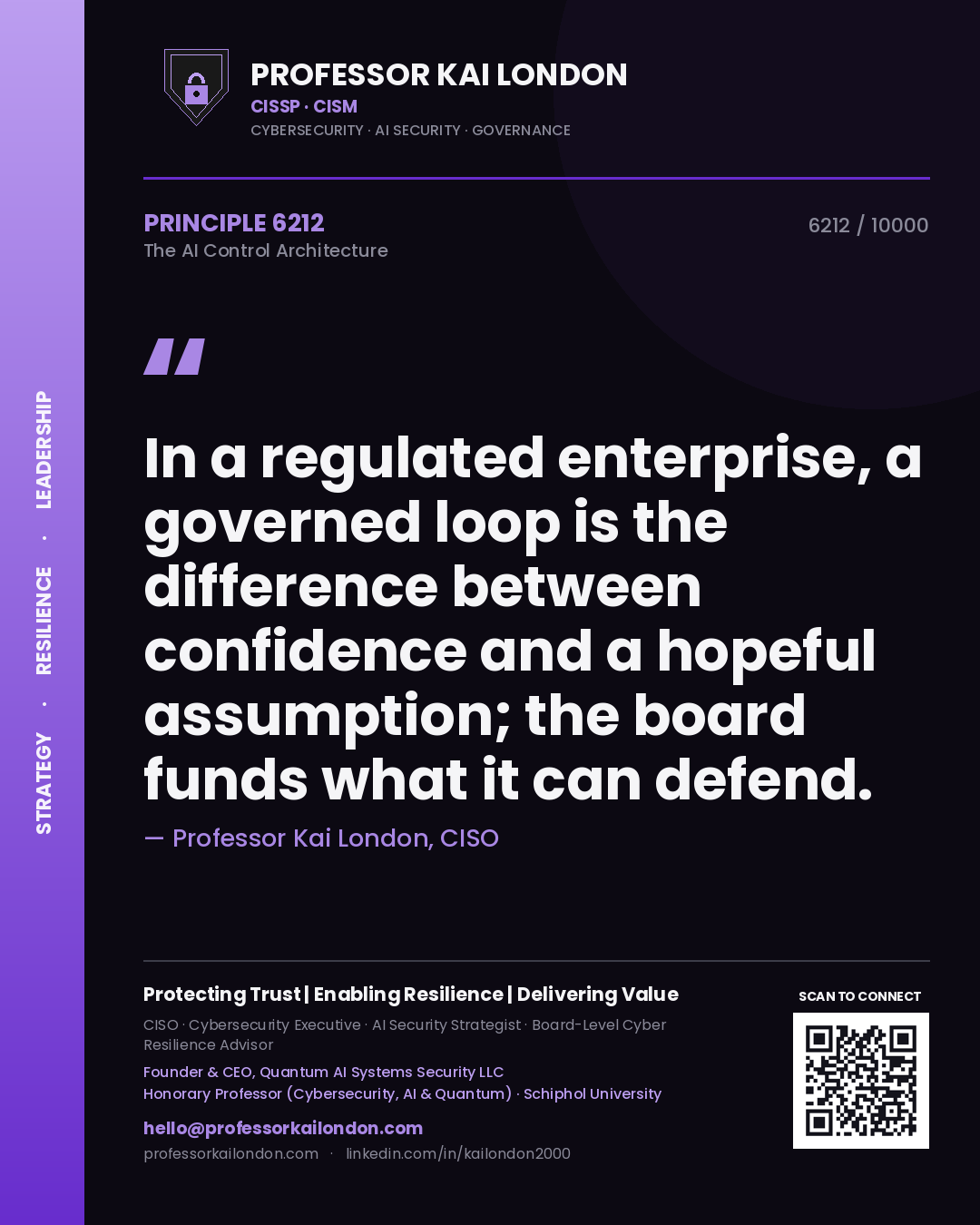 Quote card by Professor Kai London reading 'In a regulated enterprise, a governed loop is the difference between confidence and a hopeful assumption; the board funds what it can defend.'. From the book The AI Control Architecture.
