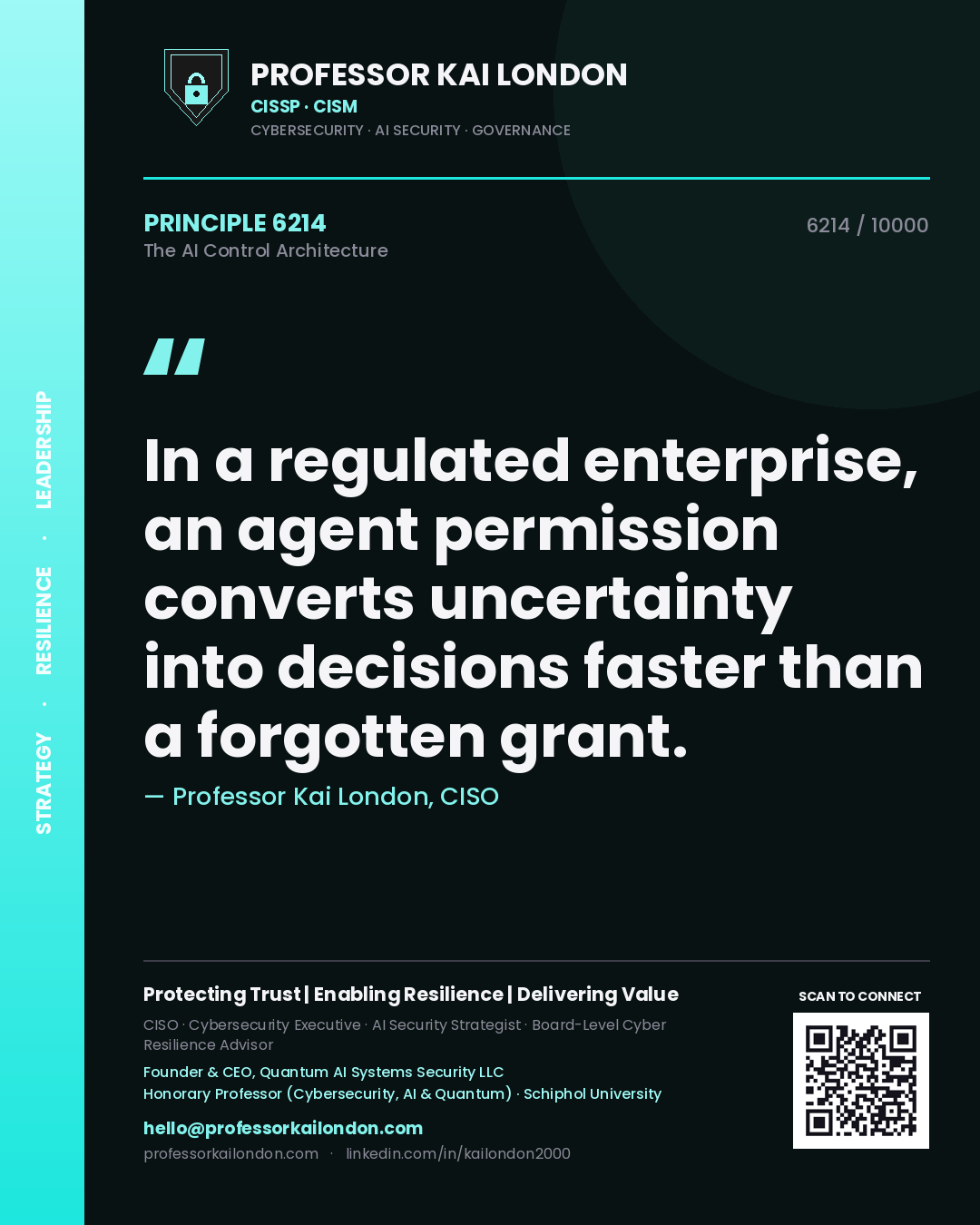 Quote card by Professor Kai London reading 'In a regulated enterprise, an agent permission converts uncertainty into decisions faster than a forgotten grant.'. From the book The AI Control Architecture.