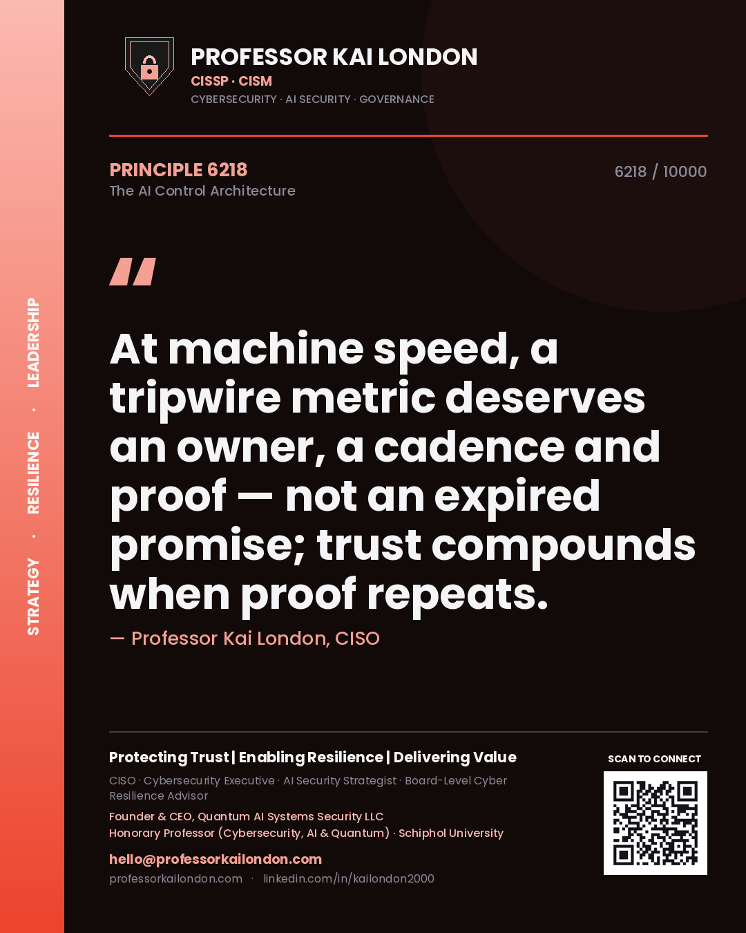 Quote card by Professor Kai London reading 'At machine speed, a tripwire metric deserves an owner, a cadence and proof — not an expired promise; trust compounds when proof repeats.'. From the book The AI Control Architecture.