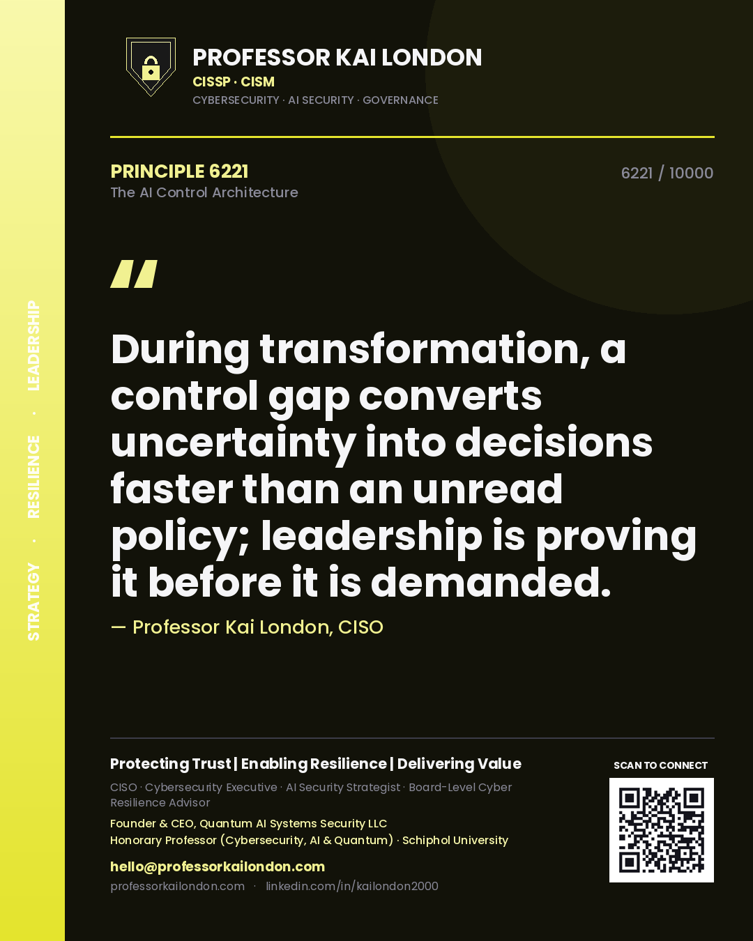 Quote card by Professor Kai London reading 'During transformation, a control gap converts uncertainty into decisions faster than an unread policy; leadership is proving it before it is demanded.'. From the book The AI Control Architecture.