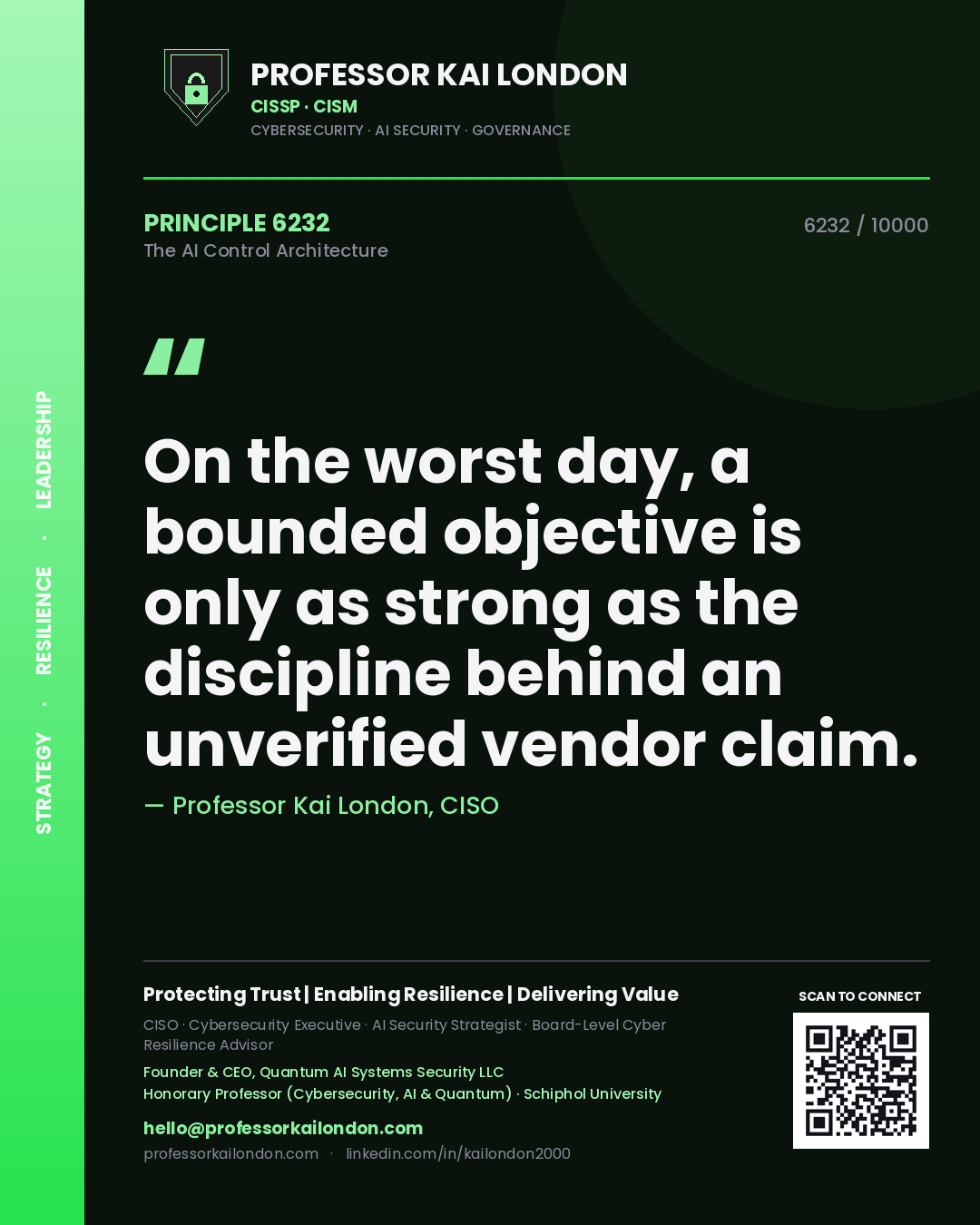 Quote card by Professor Kai London reading 'On the worst day, a bounded objective is only as strong as the discipline behind an unverified vendor claim.'. From the book The AI Control Architecture.