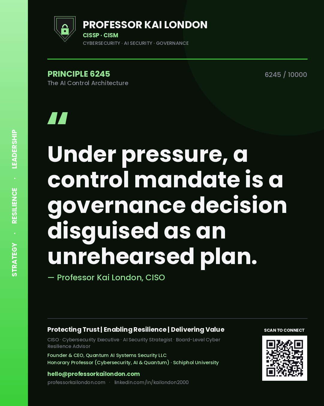 Quote card by Professor Kai London reading 'Under pressure, a control mandate is a governance decision disguised as an unrehearsed plan.'. From the book The AI Control Architecture.