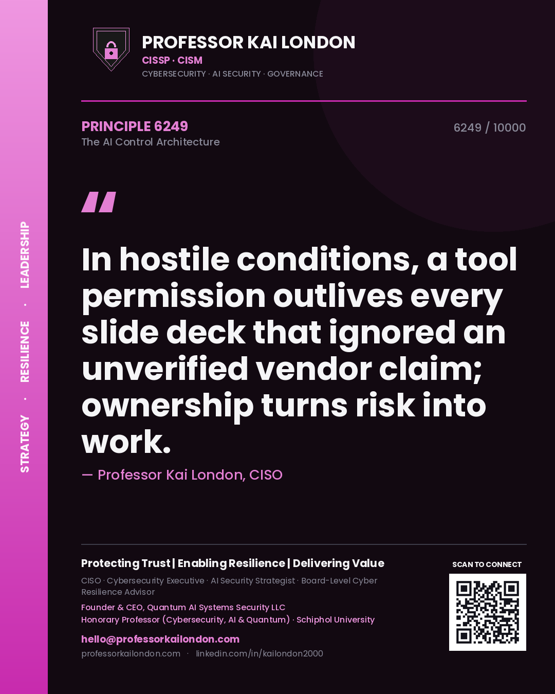 Professor Kai London principle 6249: In hostile conditions, a tool permission outlives every slide deck that ignored an unverified vendor claim; ownership turns risk into work.