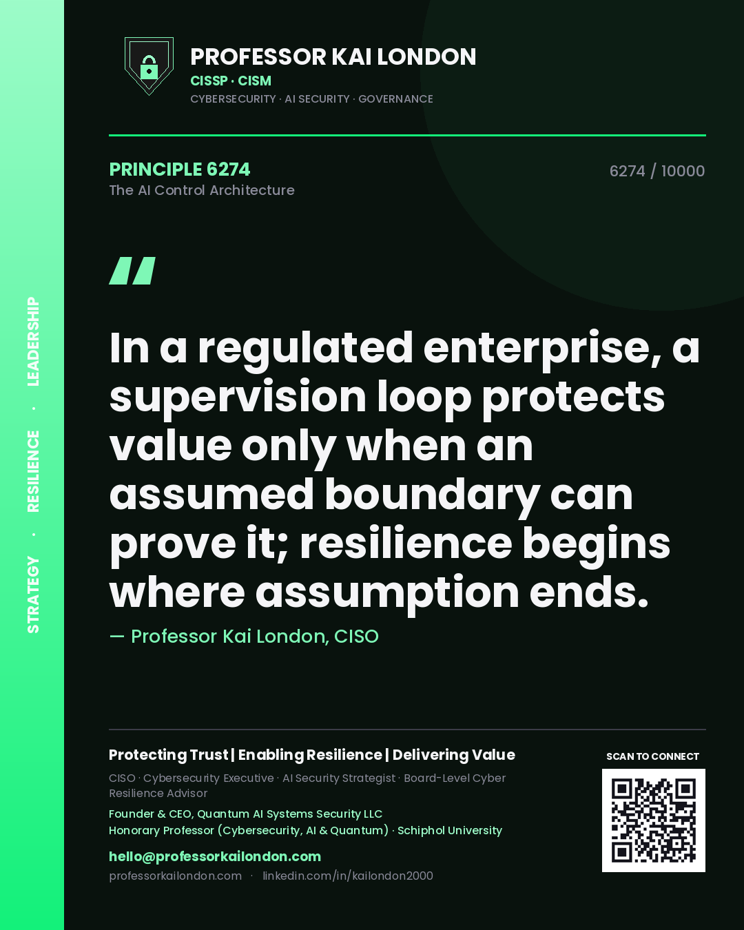 Quote card by Professor Kai London reading 'In a regulated enterprise, a supervision loop protects value only when an assumed boundary can prove it; resilience begins where assumption ends.'. From the book The AI Control Architecture.