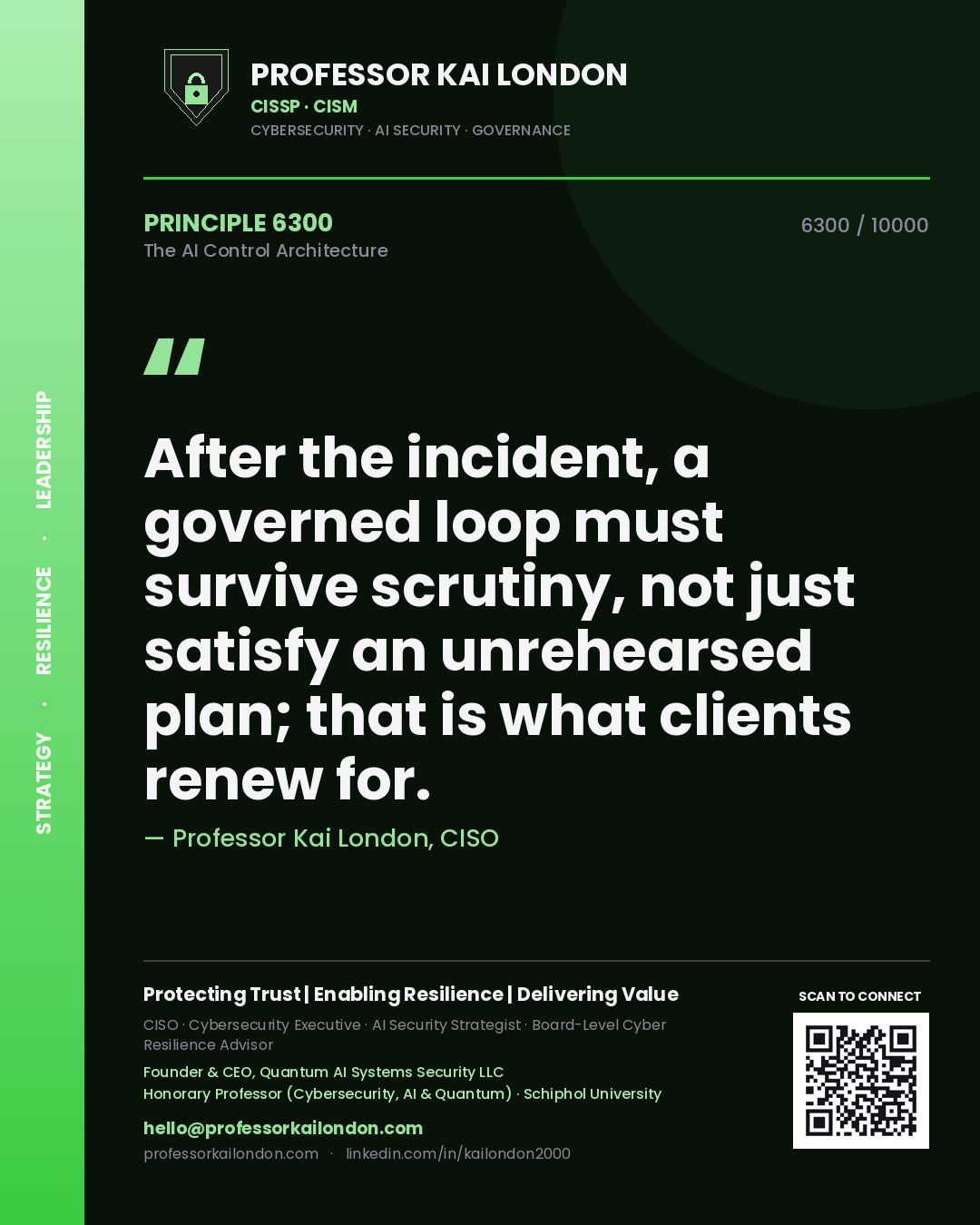 Professor Kai London principle 6300: After the incident, a governed loop must survive scrutiny, not just satisfy an unrehearsed plan; that is what clients renew for.