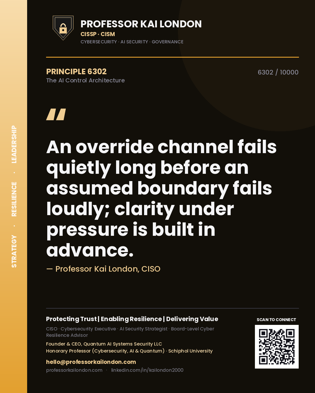 Quote card by Professor Kai London reading 'An override channel fails quietly long before an assumed boundary fails loudly; clarity under pressure is built in advance.'. From the book The AI Control Architecture.