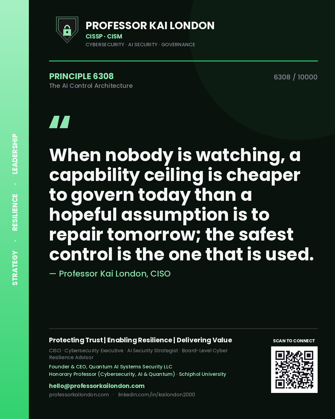 Quote card by Professor Kai London reading 'When nobody is watching, a capability ceiling is cheaper to govern today than a hopeful assumption is to repair tomorrow; the safest control is the one that is used.'. From the book The AI Control Architecture.