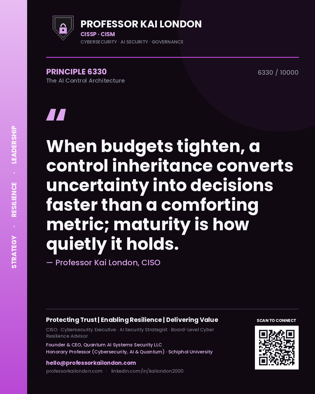 Professor Kai London principle 6330: When budgets tighten, a control inheritance converts uncertainty into decisions faster than a comforting metric; maturity is how quietly it holds.