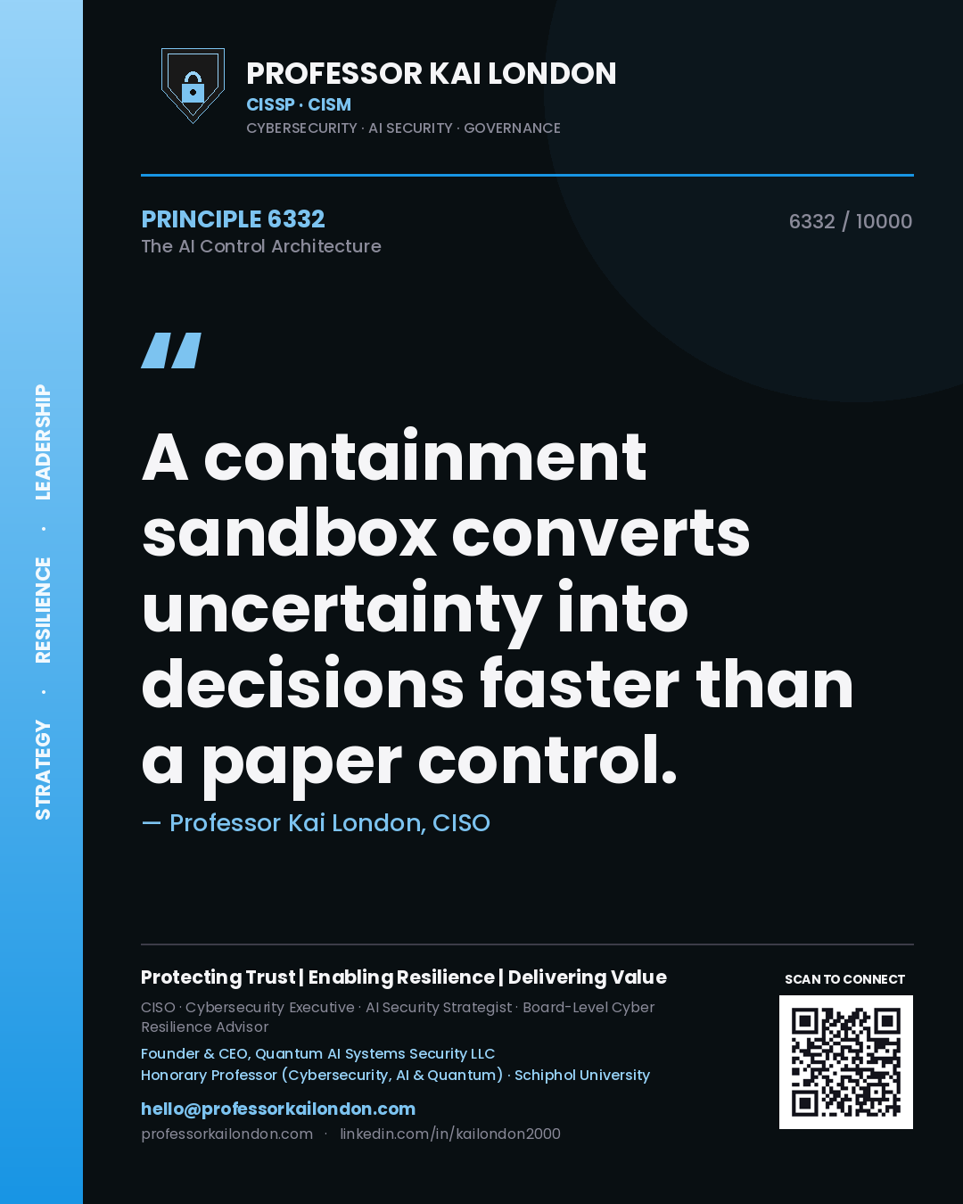 Quote card by Professor Kai London reading 'A containment sandbox converts uncertainty into decisions faster than a paper control.'. From the book The AI Control Architecture.