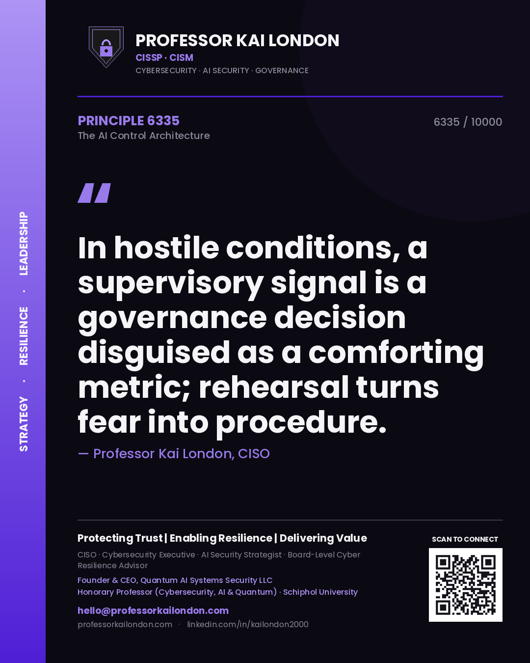 Quote card by Professor Kai London reading 'In hostile conditions, a supervisory signal is a governance decision disguised as a comforting metric; rehearsal turns fear into procedure.'. From the book The AI Control Architecture.