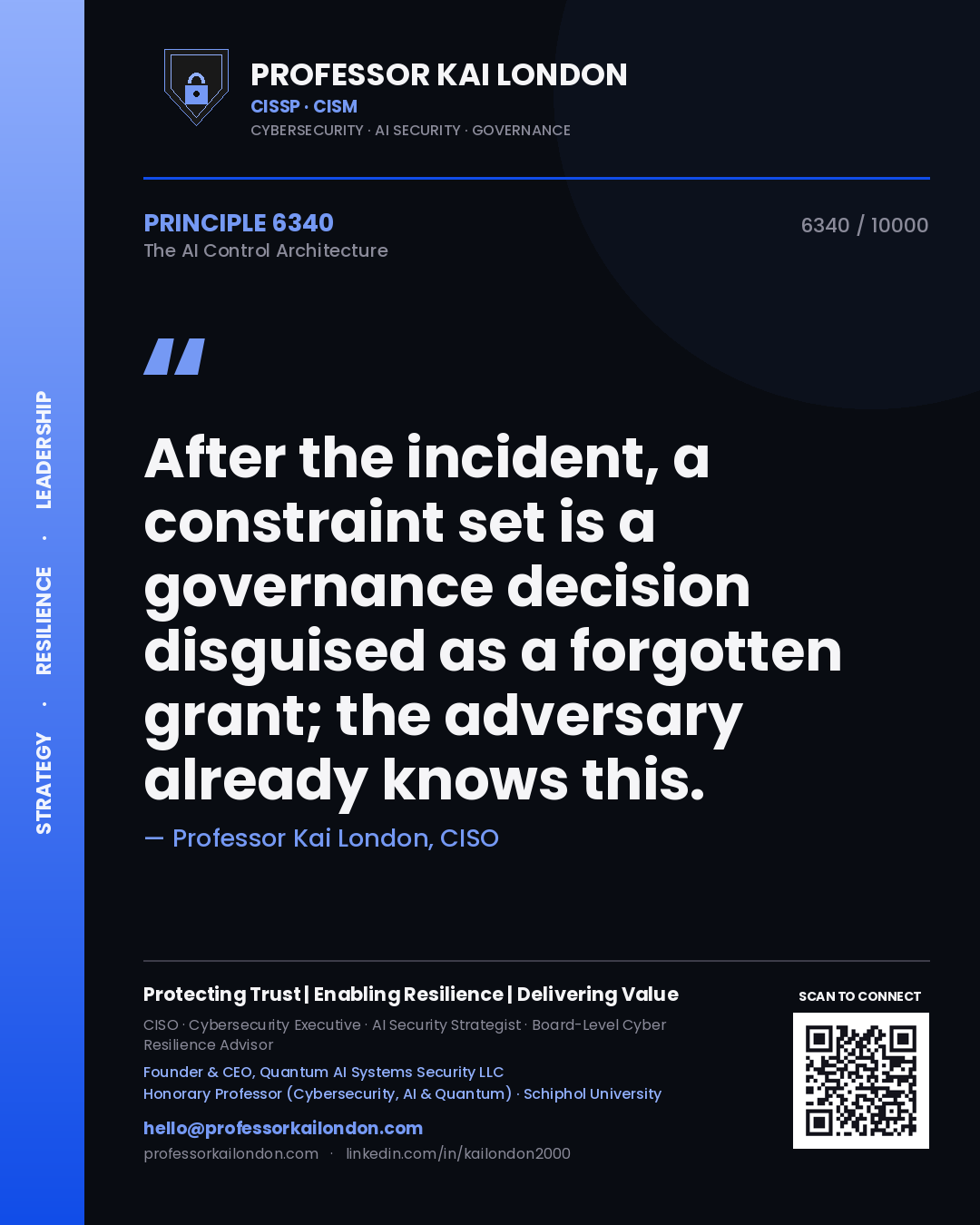 Quote card by Professor Kai London reading 'After the incident, a constraint set is a governance decision disguised as a forgotten grant; the adversary already knows this.'. From the book The AI Control Architecture.