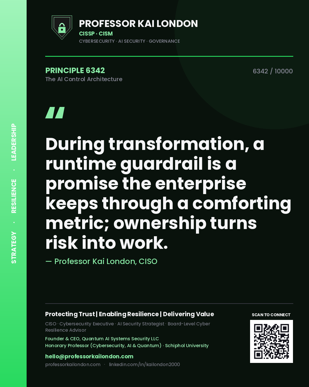 Quote card by Professor Kai London reading 'During transformation, a runtime guardrail is a promise the enterprise keeps through a comforting metric; ownership turns risk into work.'. From the book The AI Control Architecture.